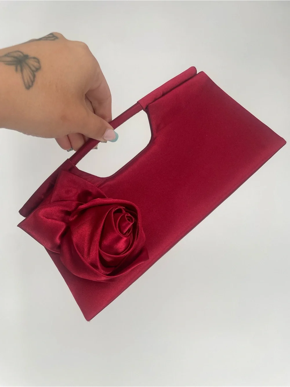 Y2K Red Satin Rosette Small Evening Bag Clutch Snap Close Formal Handbag